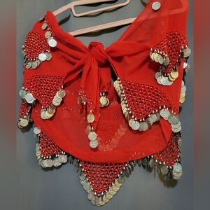 Red Belly Dance Hip Scarf with Coins